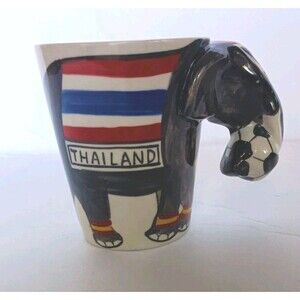 Original Thailand Painted 3-D Elephant Coffee Mug With Soccer Ball Handle Rare